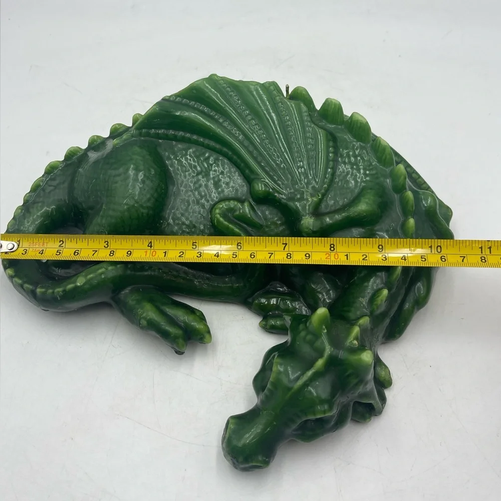 Vintage Unburnt Wax Candle Mythical Green Dragon Shaped Reptile w/Red Glass Eyes